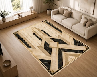 Art Deco Geometric Rug, Luxury Marble Carpet, Black Gold Modern Area Rug, Hotel Inspired Elegant Floor Decor