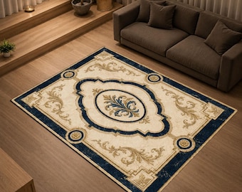 Royal Heritage Blue Rug, Luxury Palace Carpet, Gold Ornamental Area Rug, Elegant Hotel Lobby Floor Decor