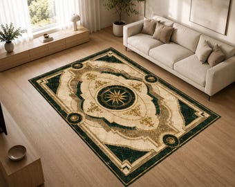 Emerald Green Luxury Rug, Palace Inspired Marble Carpet, Gold Ornamental Area Rug, Elegant Hotel Decor Floor Cover