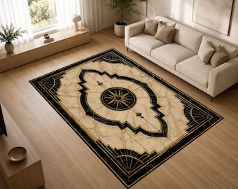 Black Gold Art Deco Rug, Luxury Palace Inspired Carpet, Geometric Marble Area Rug, Elegant Hotel Floor Decor
