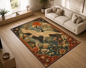Imperial Crane Rug, Graceful Bird Area Rug, Floral Nature Carpet, Luxury Statement Decor for Living Room