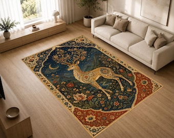 Moon Deer Rug, Celestial Forest Area Rug, Floral Wildlife Carpet, Elegant Nature Inspired Statement Decor