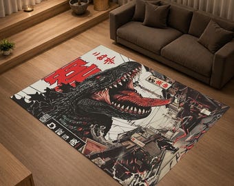 Kaiju Street Rampage Area Rug, Giant Monster City Carpet, Japanese Urban Fantasy Decor Floor Rug
