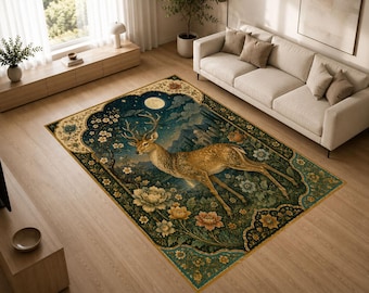 Starlight Deer Rug, Celestial Forest Area Rug, Wildlife Floral Carpet, Luxury Woodland Decor for Living Room