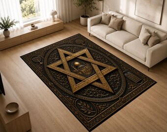 Davidster tapijt, tapijt joods erfgoed, Jeruzalem-reliëfkunst, zwartgouddecor