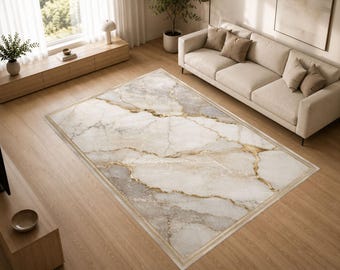 Ivory Gold Marble Rug, Modern Luxury Carpet, Elegant Hotel Inspired Area Rug, Neutral Stone Pattern Floor Decor