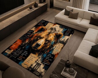 Freedom Bear Rug, Grizzly Bear Area Rug, Motivational Animal Carpet, Rustic Cabin Rug, Masculine Decor Rug, Office Rug
