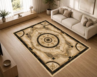 Grand Palace Medallion Rug, Luxury Marble Carpet, Black Gold Ornamental Area Rug, Elegant Hotel Decor Floor Cover