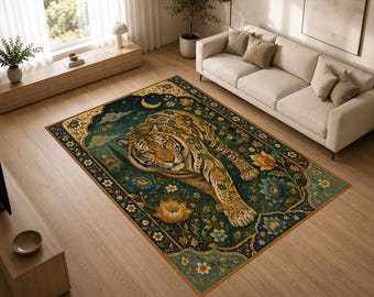 Moon Tiger Rug, Majestic Tiger Area Rug, Floral Wildlife Carpet, Luxury Statement Decor for Bedroom or Living Room