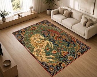 Twin Horses Rug, Celestial Horse Area Rug, Floral Equine Decor Carpet, Luxury Statement Rug for Living Room