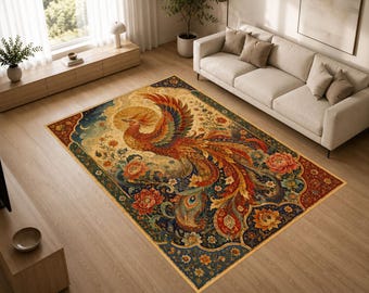 Phoenix Blossom Rug, Mythical Bird Area Rug, Floral Firebird Carpet, Luxury Fantasy Inspired Home Decor