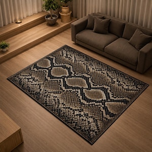 May include: A rectangular area rug featuring a detailed snakeskin pattern in shades of brown, tan, and black. The design consists of repeating diamond-shaped scales with dark outlines, creating a textured visual effect across the entire surface.