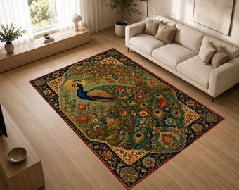 Peacock Garden Rug, Elegant Bird Area Rug, Floral Maximalist Decor Rug, Luxury Nature Inspired Living Room Carpet