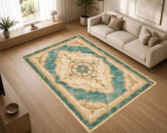Turquoise Gold Palace Rug, Luxury Marble Area Carpet, Elegant Hotel Inspired Floor Decor, Classic Ornamental Design