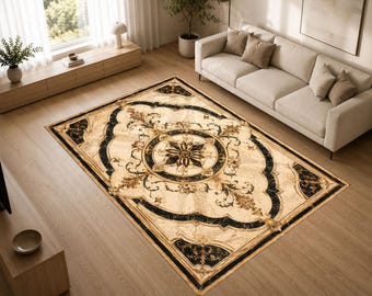 Luxury Marble Hotel Rug, Black Gold Art Deco Area Rug, Elegant Palace Carpet, Premium Lobby Living Room Decor