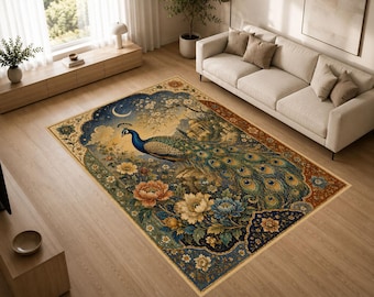 Moonlit Peacock Rug, Elegant Bird Area Rug, Celestial Garden Carpet, Luxury Floral Statement Rug for Home Decor