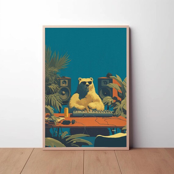 Bear DJ Art Print – Tropical Music Room Decor, Bold Colorful