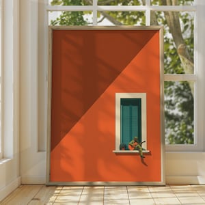 Raamposter gitarist, oranje minimalistische muziekmuurkunst, print muzikant