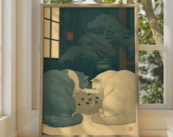 Stampa artistica di gatti giapponesi del gioco del Go, decorazione murale botanica minimalista