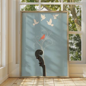 May include: A vertical rectangular wall art print featuring a light blue background. At the bottom, a dark brown cello scroll transitions into white swirling lines that rise upward. A small red bird sits on the swirls, with four white birds above.