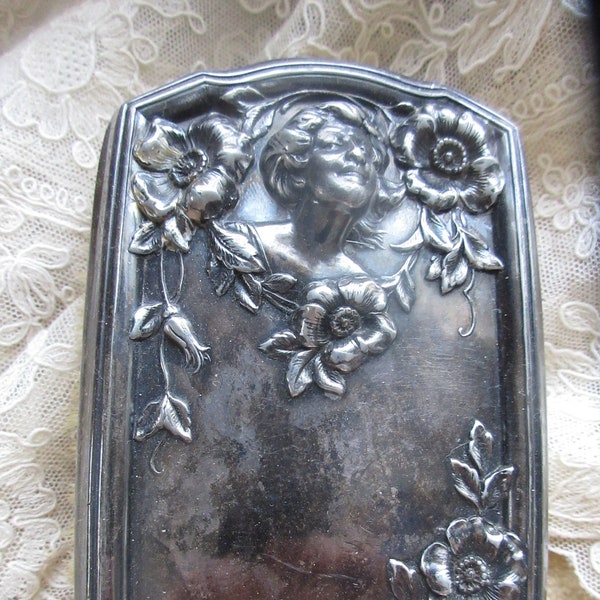 Antique Art Nouveau Silver Plate Vanity Brush , Repousse Art Nouveau Female Flowers