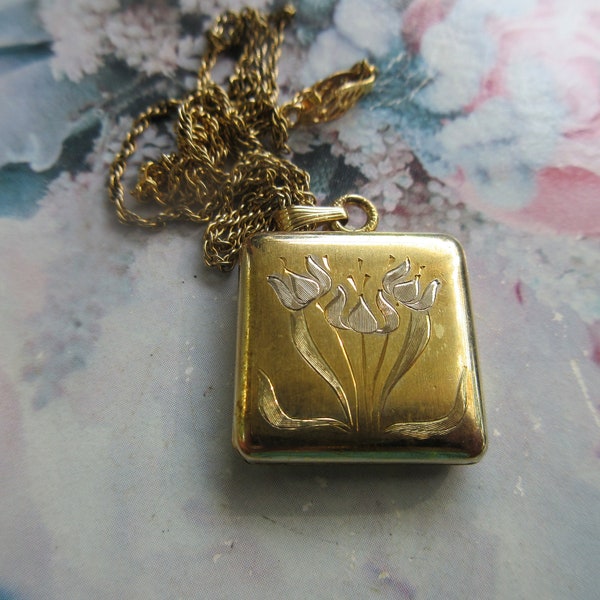 Antique Chased Floral Locket Necklace in Gold Fill