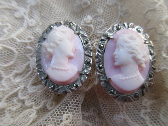 Deco Vintage Carved Shell Cameo Earrings 800 Silv… - image 7