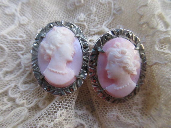 Deco Vintage Carved Shell Cameo Earrings 800 Silv… - image 10