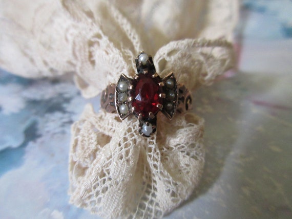 Victorian Antique 10K Seed Pearl and Paste Ring - image 2