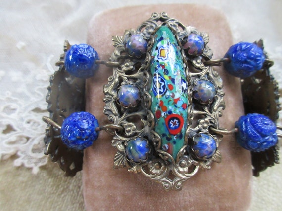 Vintage Art Glass Millefiori Lapis Beaded Bracelet - image 3