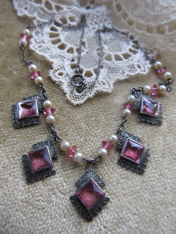 Art Deco Sterling Silver Faceted Pink Crystal Nec… - image 1