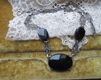 Vintage Deco Sterling Black Onyx Necklace Floral Links Marcasite