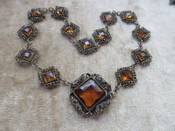 Deco 30s Czech Style Necklace , Citrine Colored F… - image 2