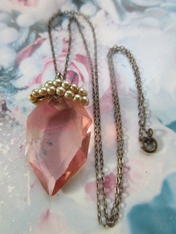 Vintage Faceted Pink Glass Drop Necklace