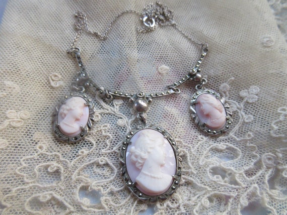 1920s Sterling Carved Shell Cameo Necklace Lavali… - image 6