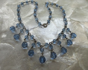 Older Vintage Faceted Blue Glass Beaded Necklace  16.25''