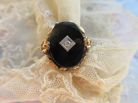 Vintage 10K Diamond Black Onyx Ring , Circa 1940 … - image 2