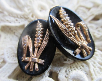 Antique Victorian Black Onyx Earrings with 10K Wheat Embellishments