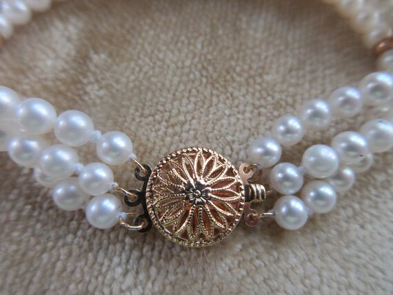 Vintage 14K Triple Strand Cultured Pearl Bracelet - image 4