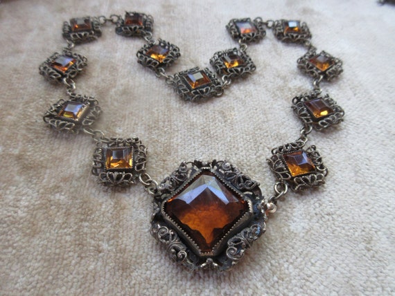 Deco 30s Czech Style Necklace , Citrine Colored F… - image 1
