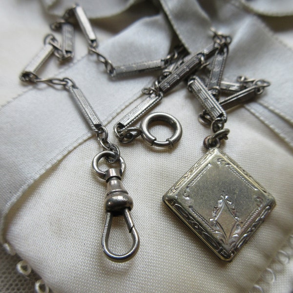 Antique Pocket Watch Chain with Locket Fob in 1/10 14K White Gold Fill