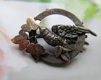 AntiqueVictorian Sterling Silver English Bird and Ivy Brooch with English Assay Marks