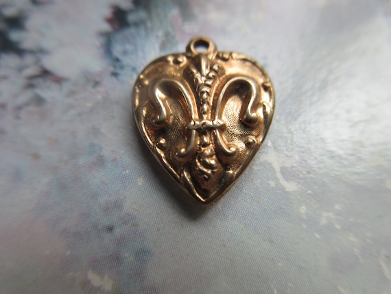 Antique Gold Fill Fleur Di Lis Puffy Heart Charm - image 1