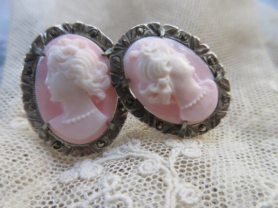 Deco Vintage Carved Shell Cameo Earrings 800 Silv… - image 2