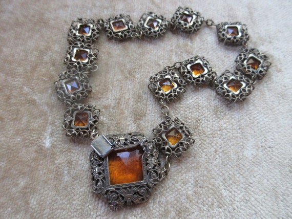 Deco 30s Czech Style Necklace , Citrine Colored F… - image 5