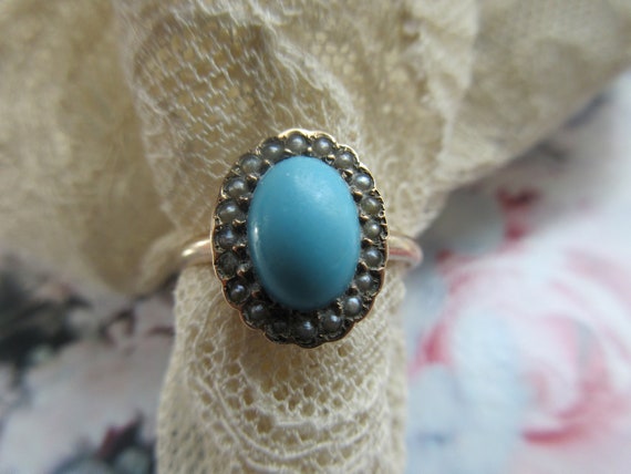 Victorian Antique 10K Turquoise Seed Pearl Ring - image 1