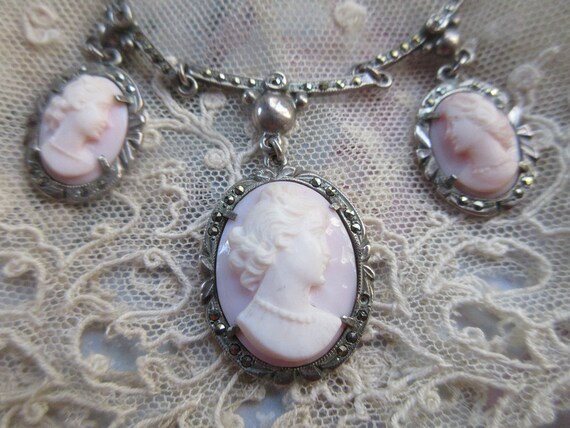 1920s Sterling Carved Shell Cameo Necklace Lavali… - image 7