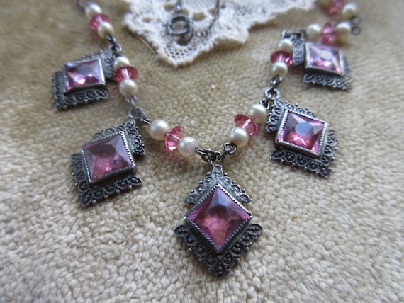 Art Deco Sterling Silver Faceted Pink Crystal Nec… - image 3