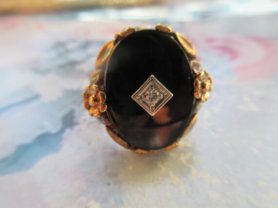 Vintage 10K Diamond Black Onyx Ring , Circa 1940 … - image 5