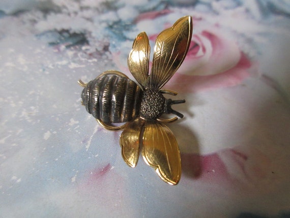 Vintage Signed Wells Sterling 14K G.F. Bug Pin - image 1